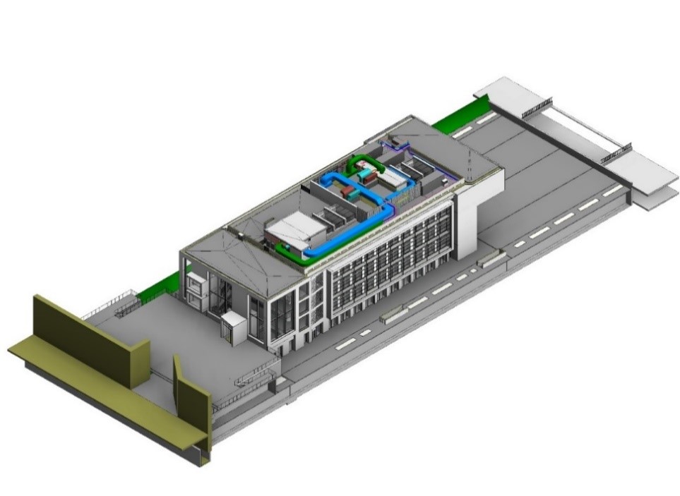 Modello BIM dell'edificio con indicazione delle apparecchiature meccaniche in copertura.